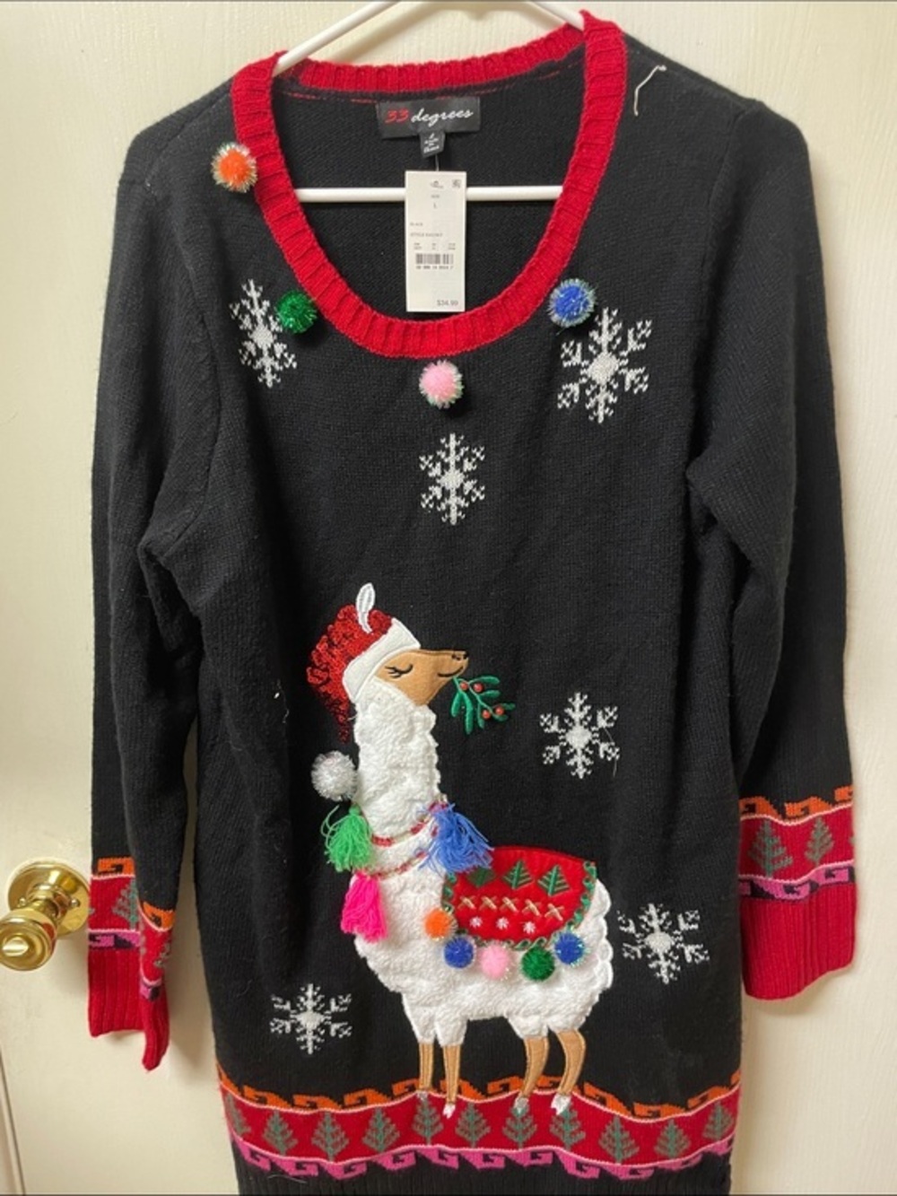33 Degrees Black Holiday Llama Sweater with Red Trim and Multicolor Pom Poms